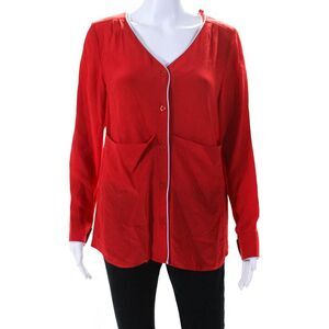 Piamita Womens Satin Piping V Neck Button Up Top Blouse Red Blue Silk Size Small